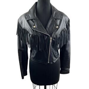 VINTAGE Fidelity Black Cropped Moto Jacket Leather Fringed Notch Lapel Zip 12